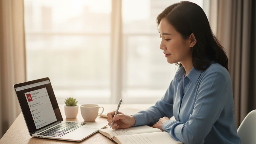 Persona adulta estudiando inglés en un entorno tranquilo y profesional